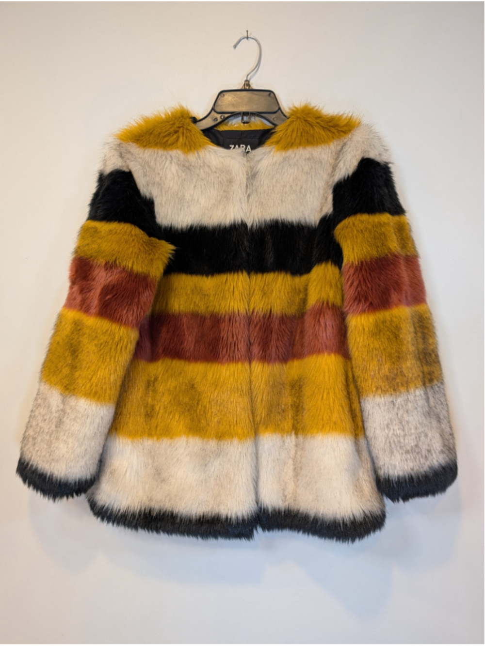 Women's Zara Faux Fur Striped Jacket XS Yellow Black Multi-Color